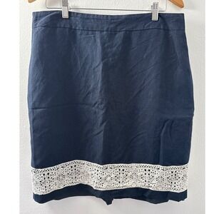 Ann Taylor Women's Skirt A-Line Crochet Trim Lined Linen Blend Size 12‎ Navy